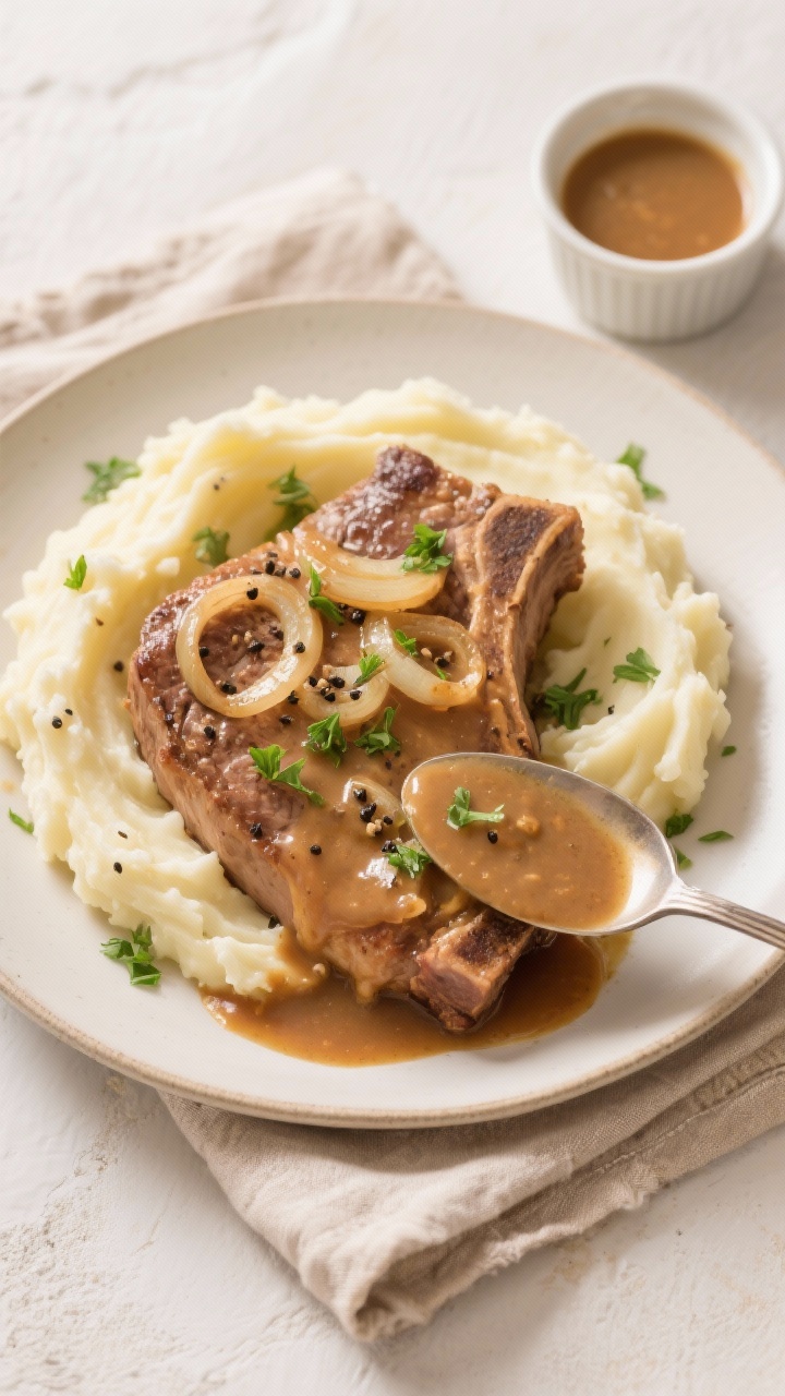 Tasty top view of slow cooker pork chops