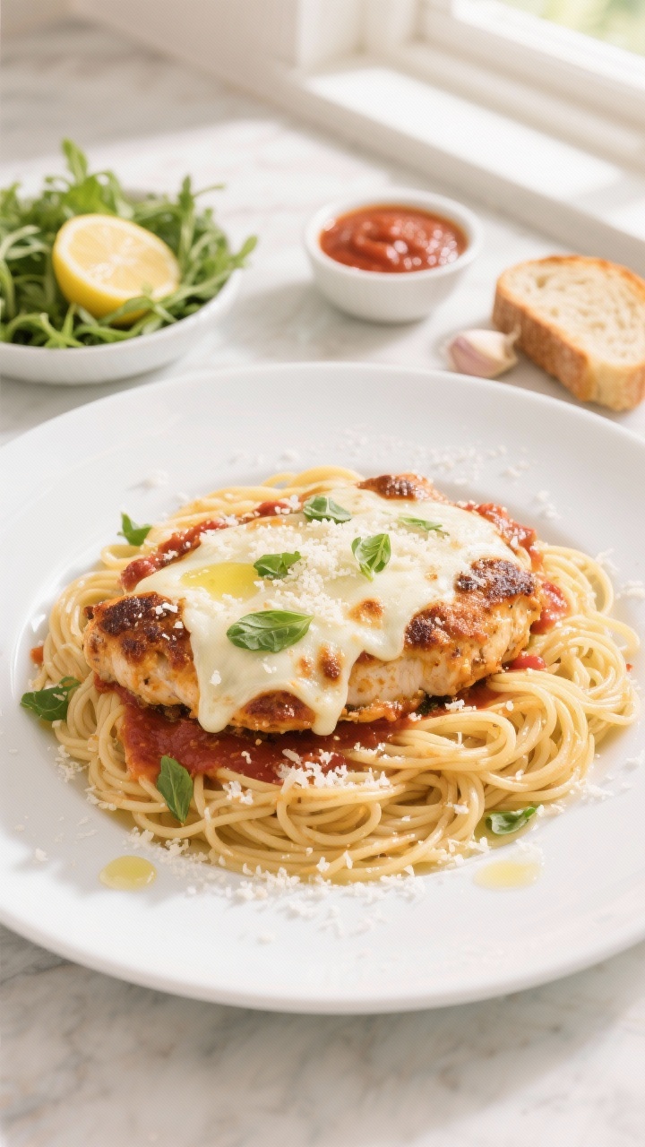 Tasty top view of slow cooker chicken parmesan