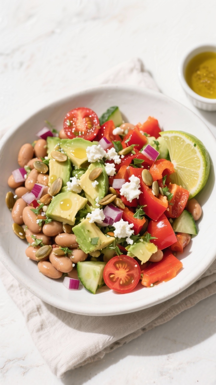 Tasty top view of high protein bean salad bowl