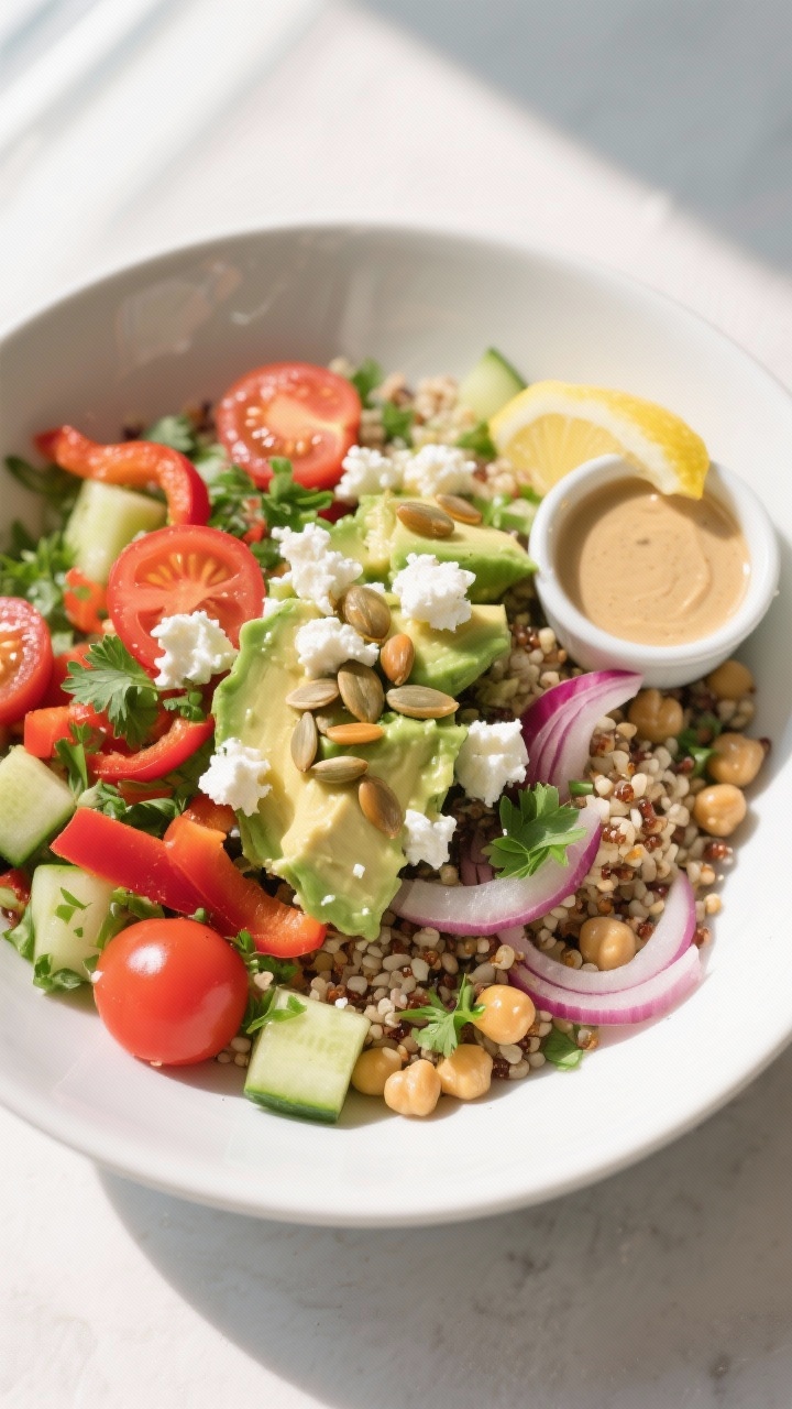 Tasty top view of high protein quinoa salad bowl