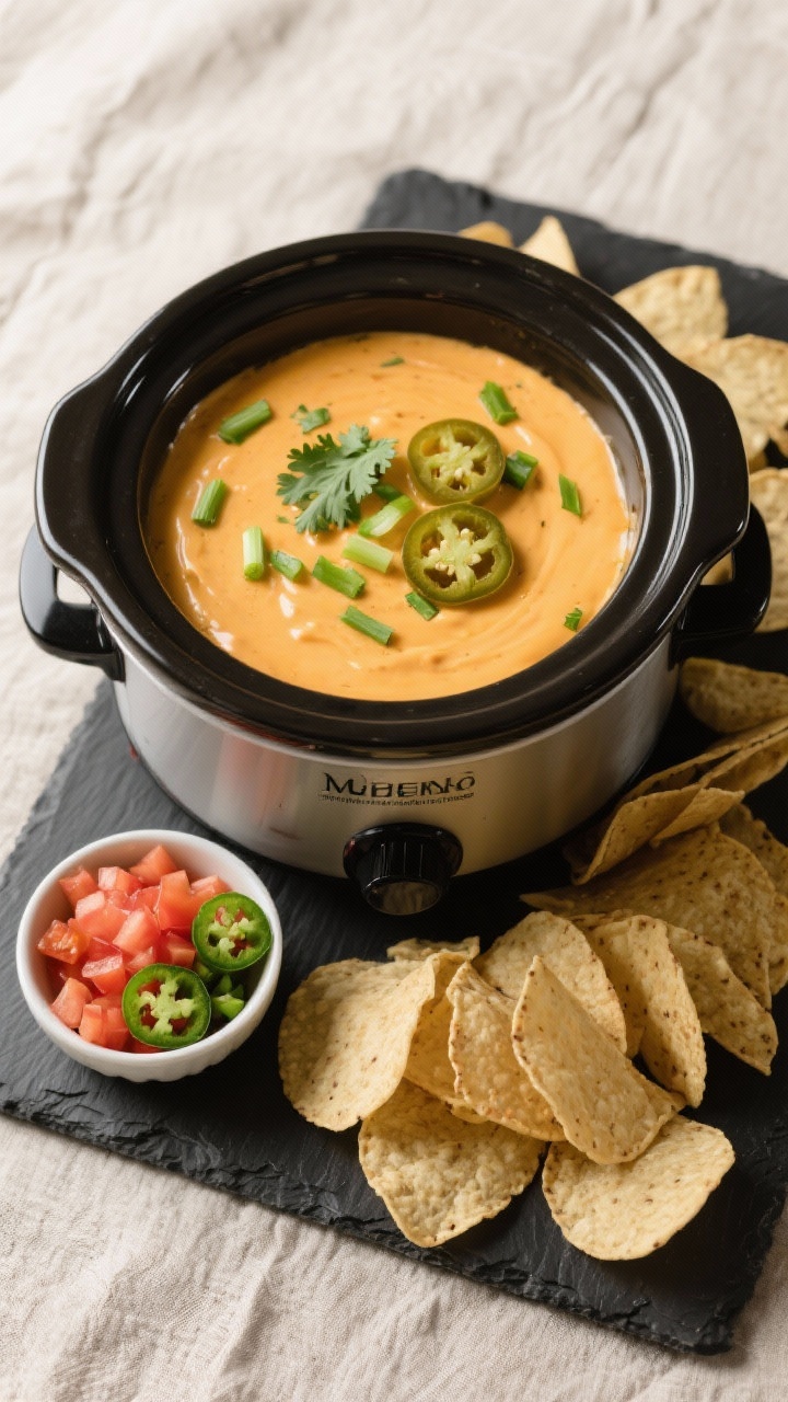 Tasty top view of slow cooker queso dip