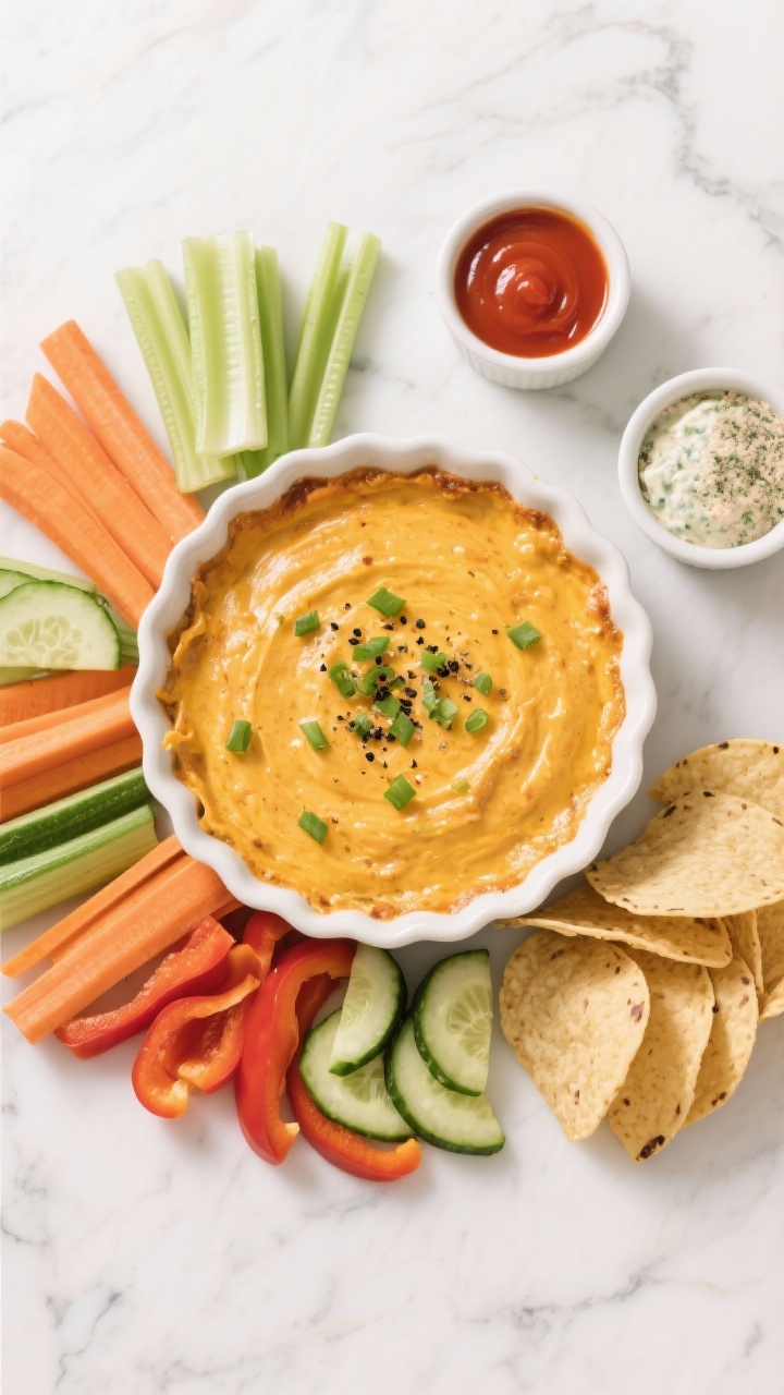 High Protein Buffalo Chicken Dip with veggies for dipping