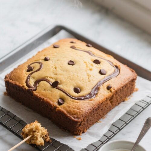 Tasty top view: Overhead shot of the whole cake cooling on parchment lifted from an 8-inch square pa