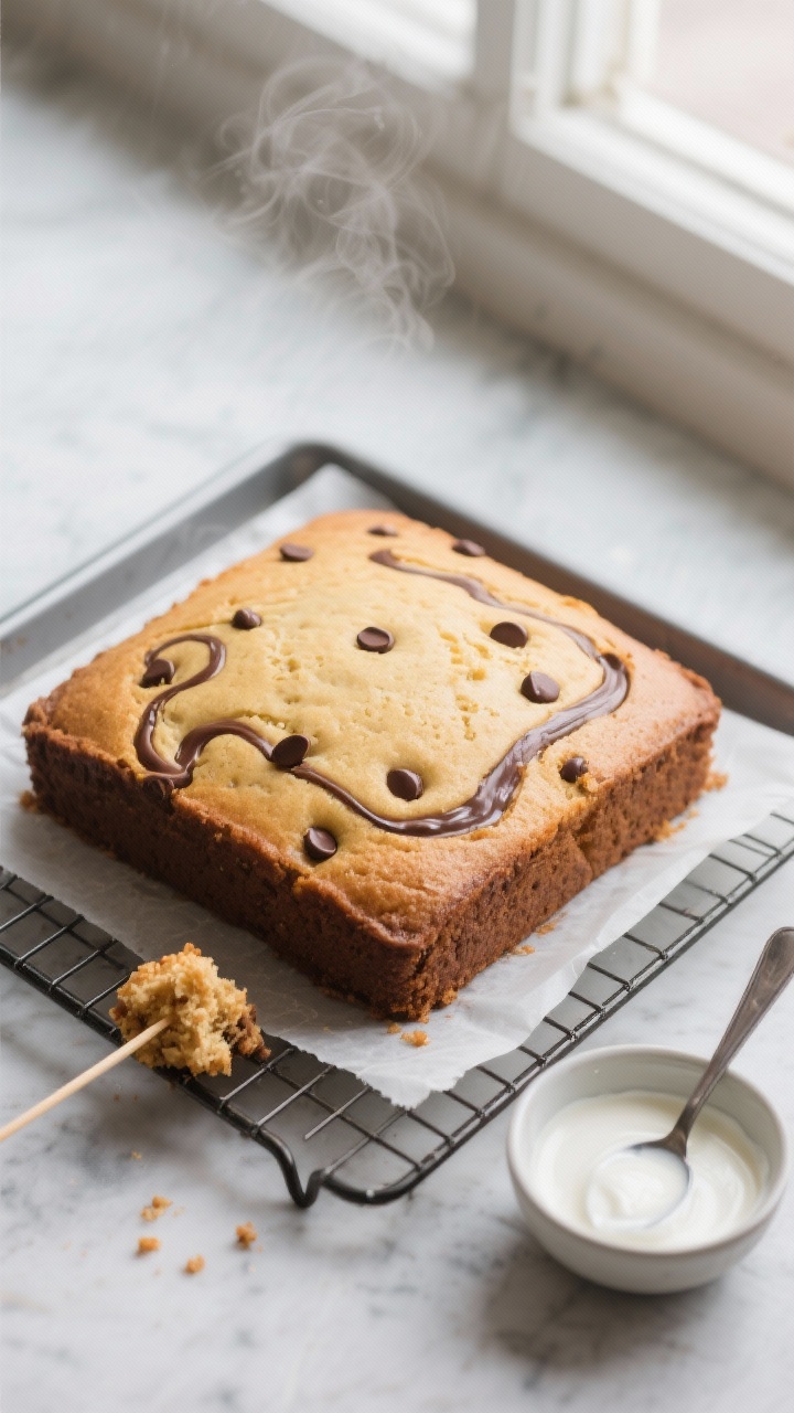 Tasty top view: Overhead shot of the whole cake cooling on parchment lifted from an 8-inch square pa