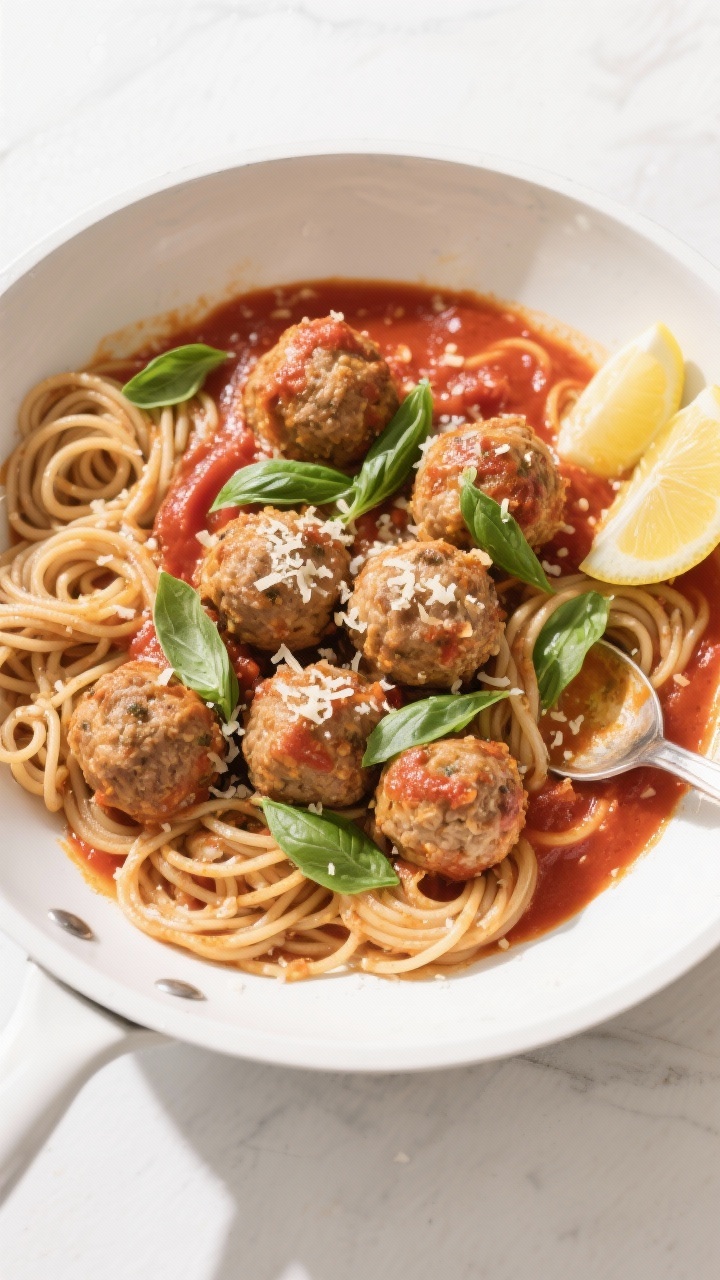 Tasty top view: Overhead shot of turkey meatballs nestled in warm marinara sauce in a wide, shallow 