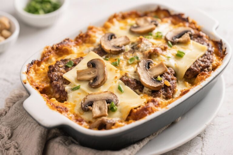 Keto Mushroom & Swiss Burger Casserole