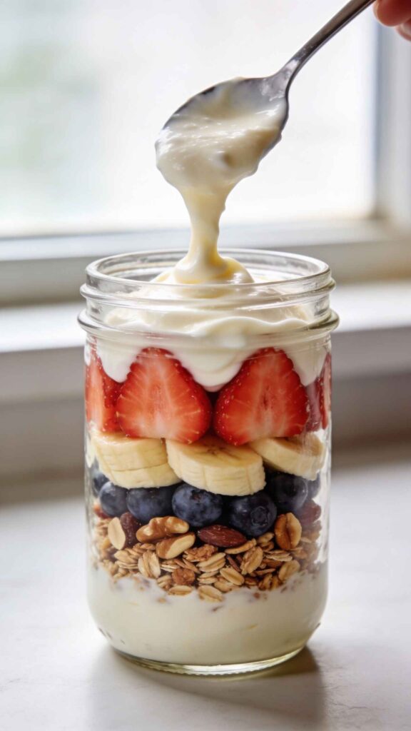 layering of protein-packet greek yogurt parfait
