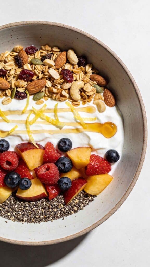 top down of protein-packet greek yogurt parfait