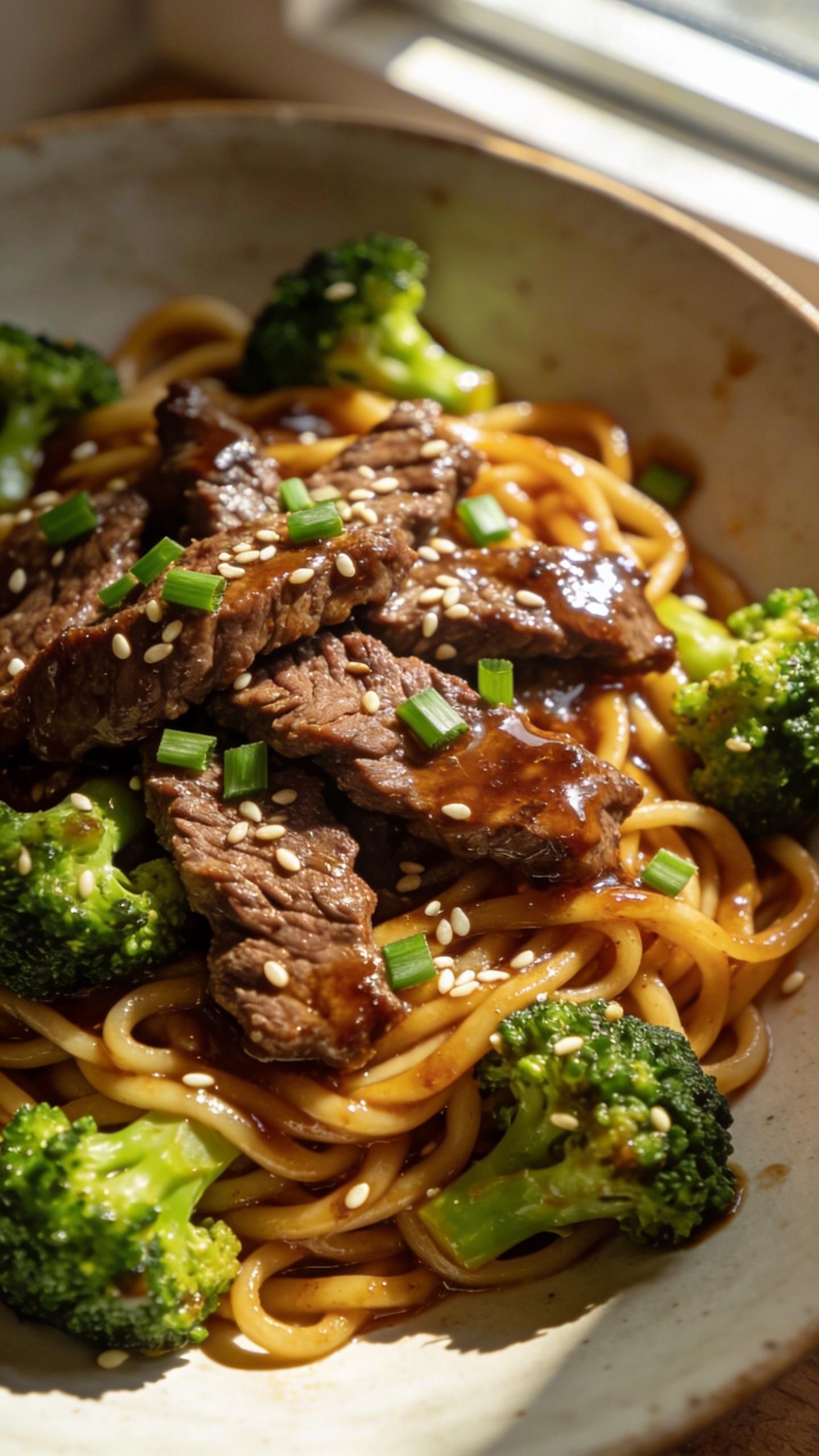 beef and broccoli with noodles