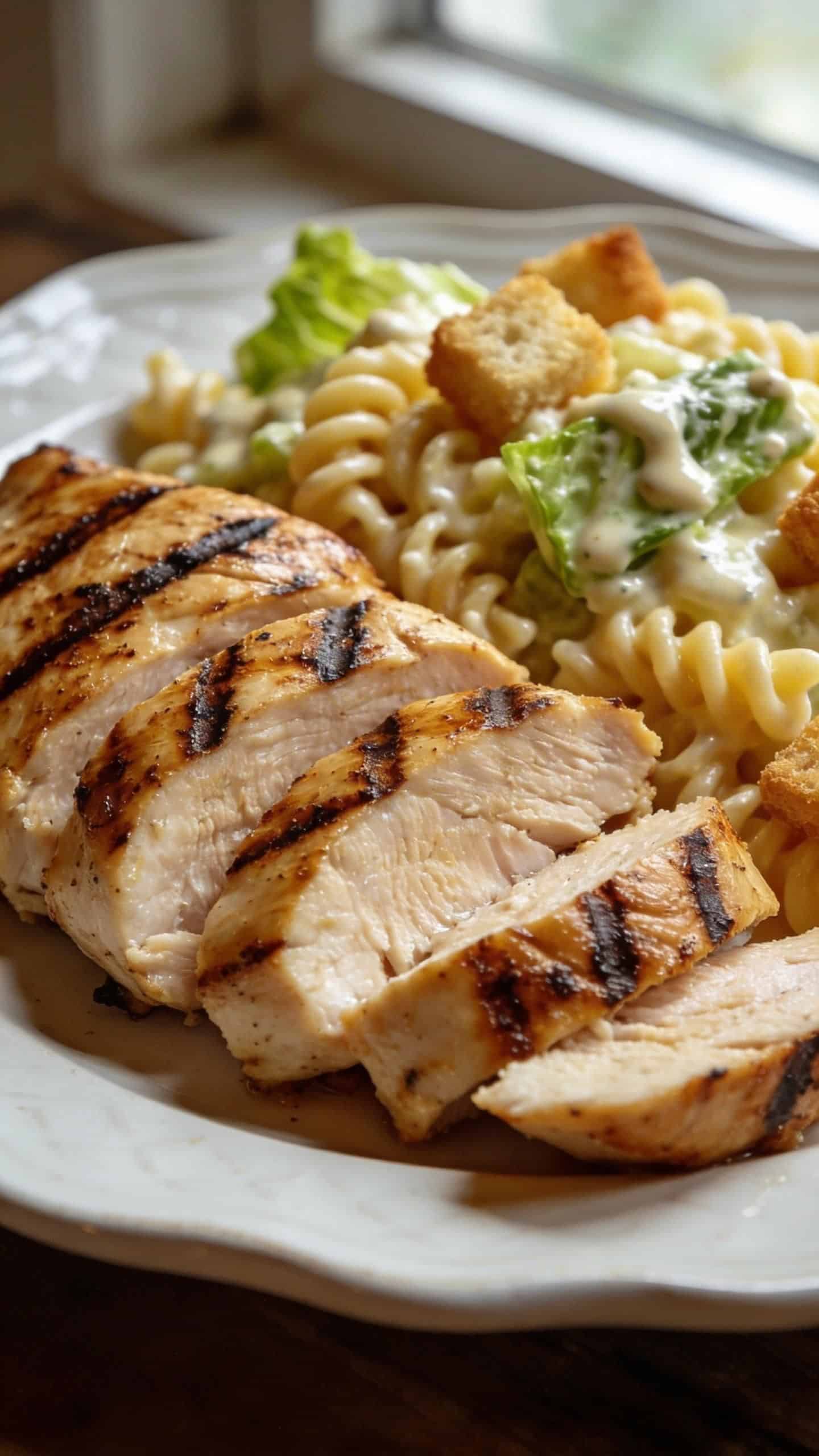 fresh caesar pasta salad with grilled chicken