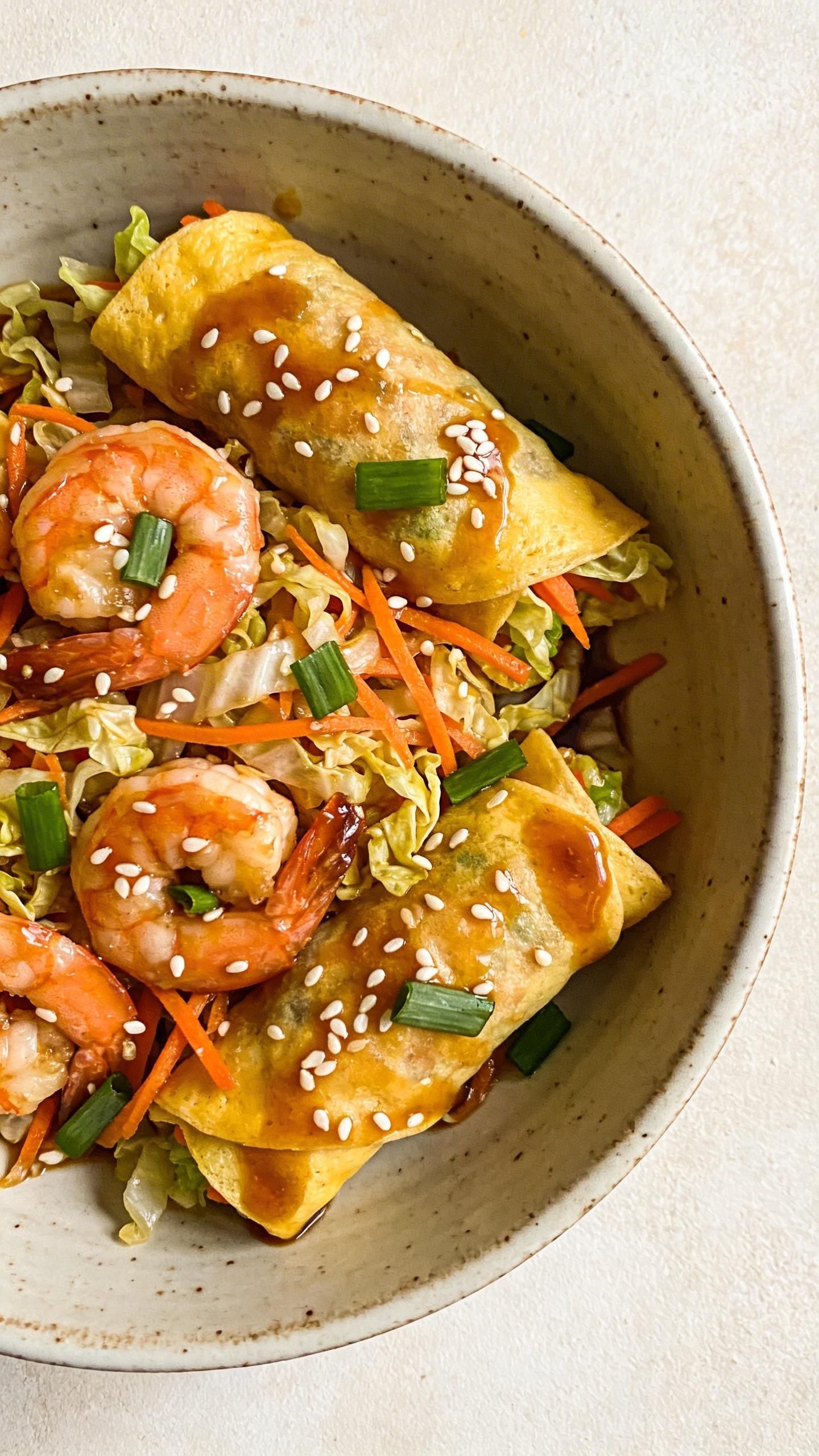 egg roll in a bowl with shrimp