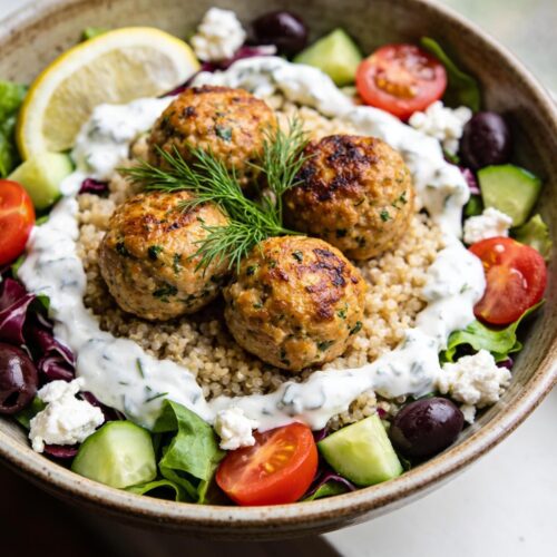 greek meatball bowl with tzatziki
