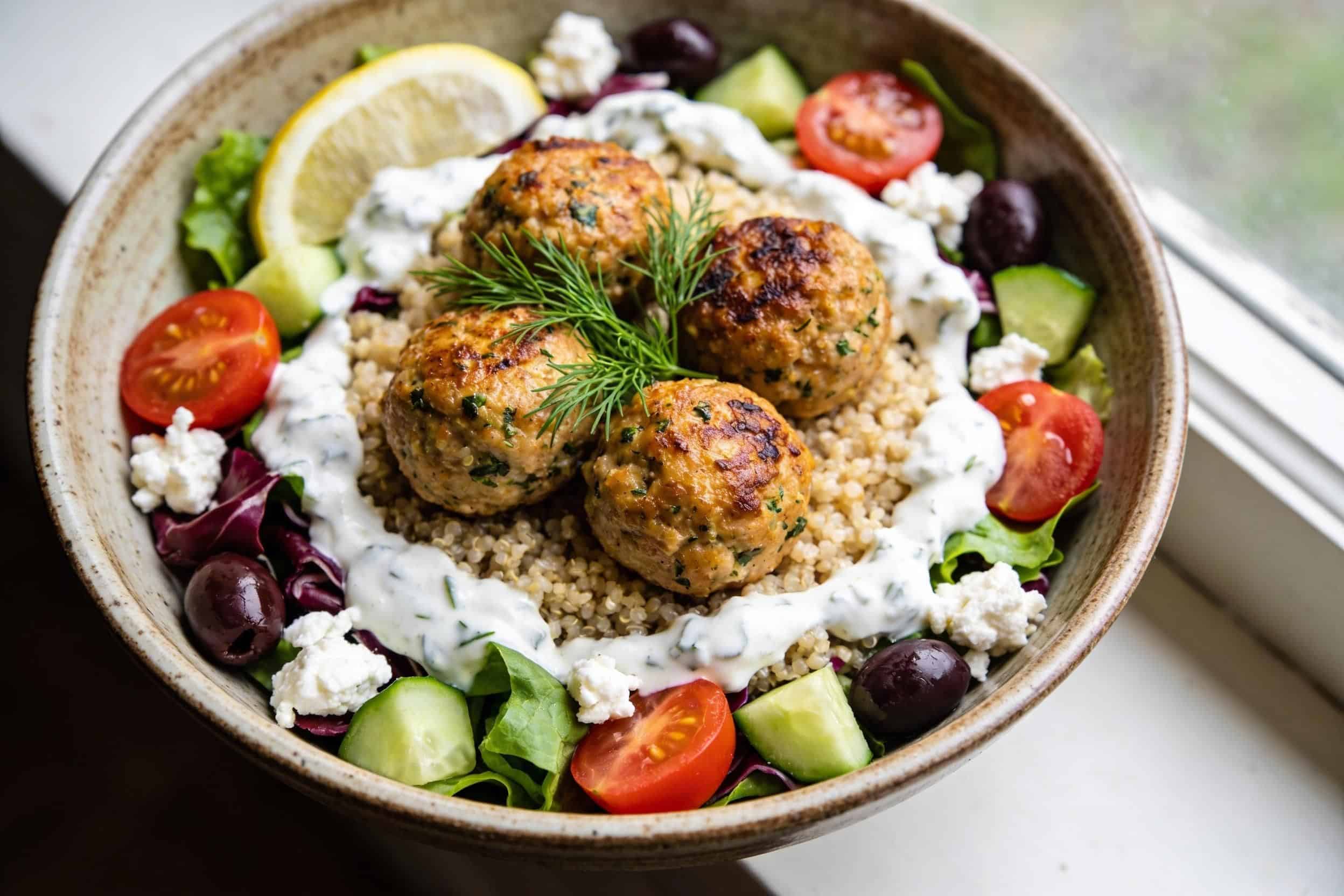 greek meatball bowl with tzatziki