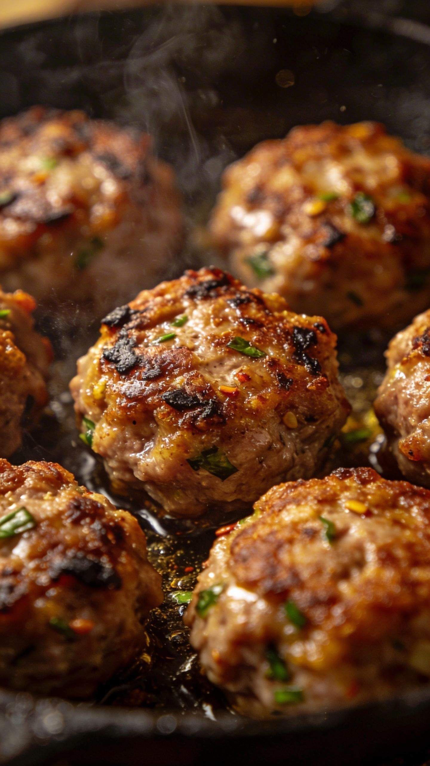 greek meatballs sizzling in frying pan