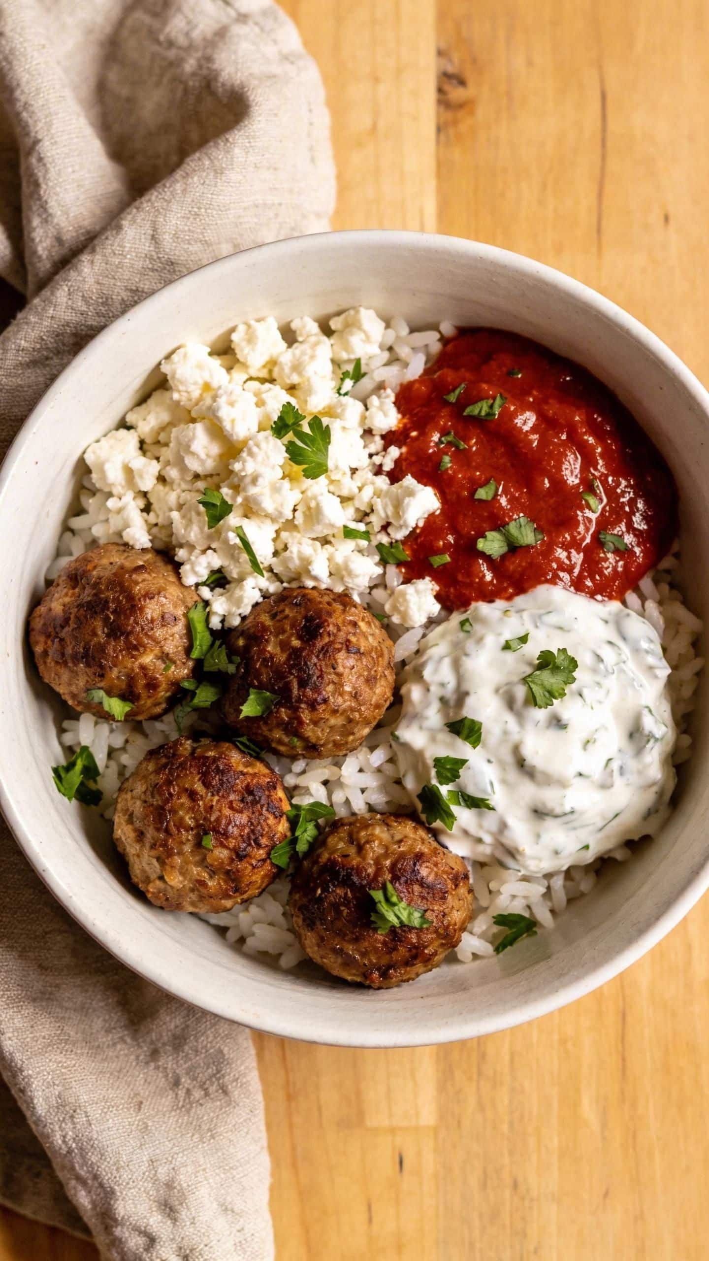 greek meatball bowl with tzatziki