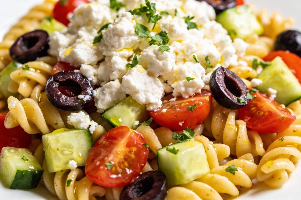 Fresh Greek Pasta Salad with Feta and Crisp Veggies