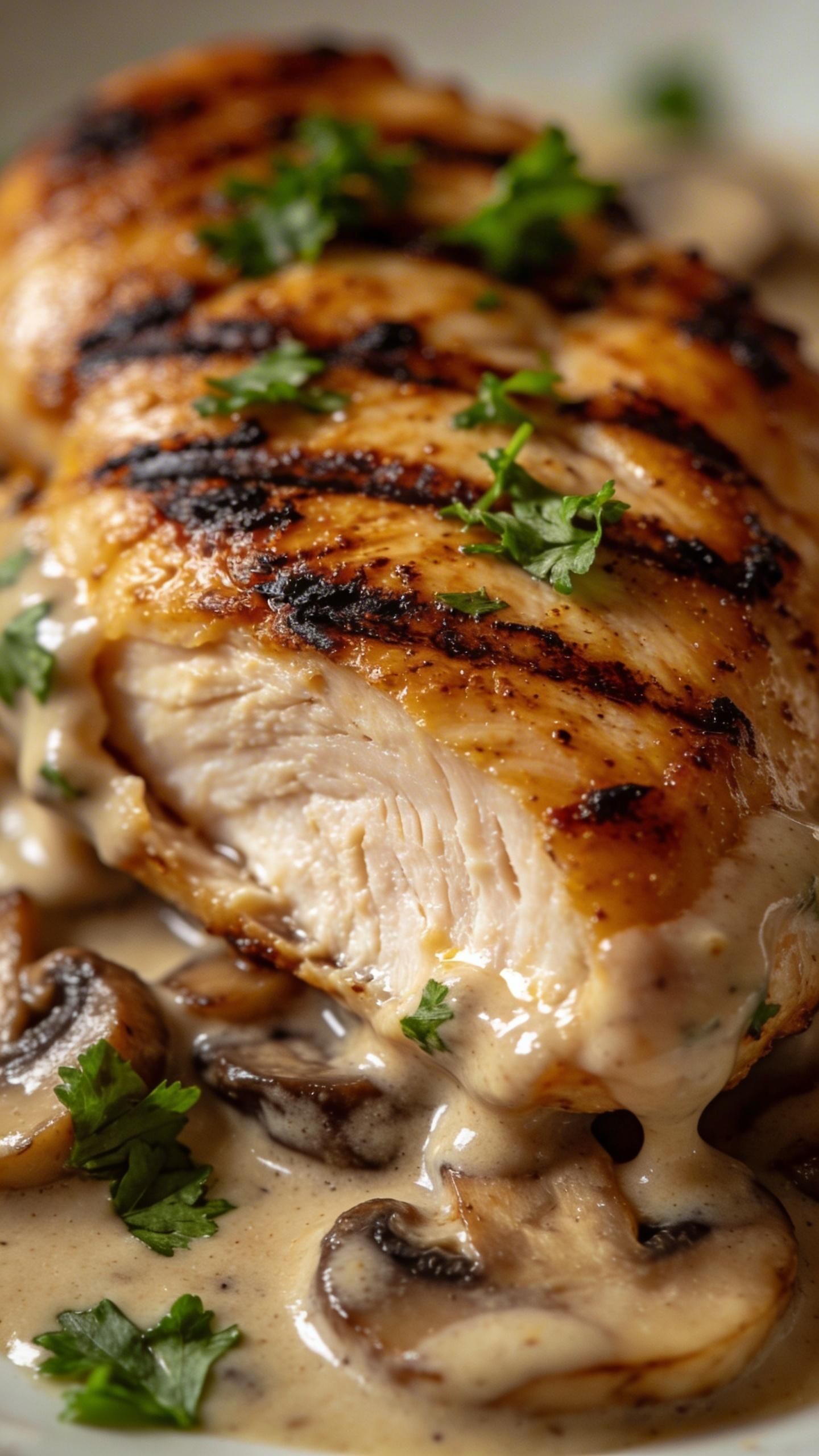 tender grilled chicken with mushroom sauce
