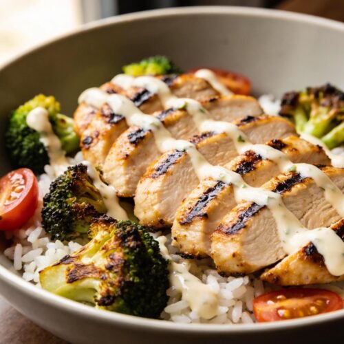 grilled chicken & broccoli bowls with creamy garlic sauce