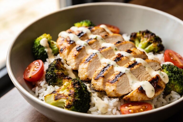 grilled chicken & broccoli bowls with creamy garlic sauce