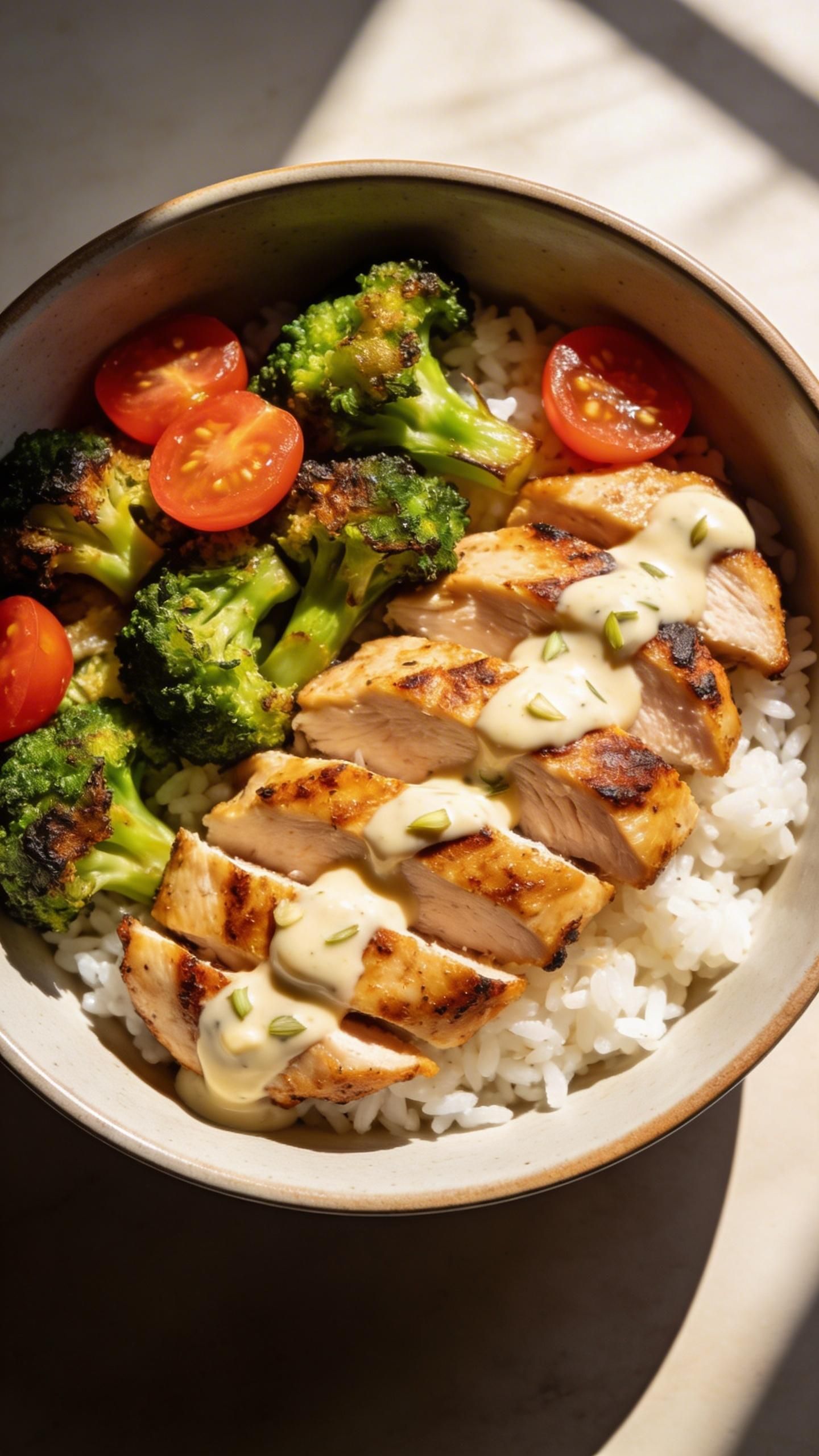 grilled chicken & broccoli bowls with creamy garlic sauce